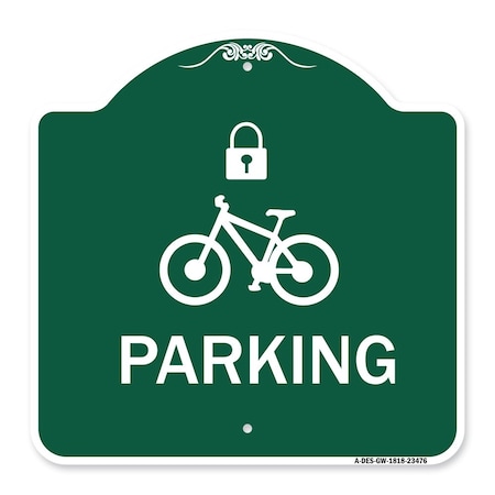 Signmission Parking With Cycle and Lock, Green & White Aluminum Architectural Sign, 18" x 18", GW-1818-23476 A-DES-GW-1818-23476